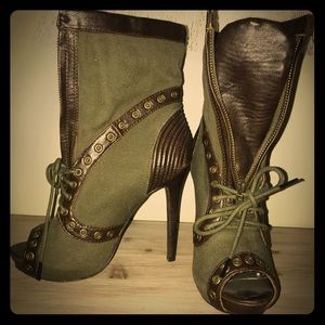 Olive green open toe booties